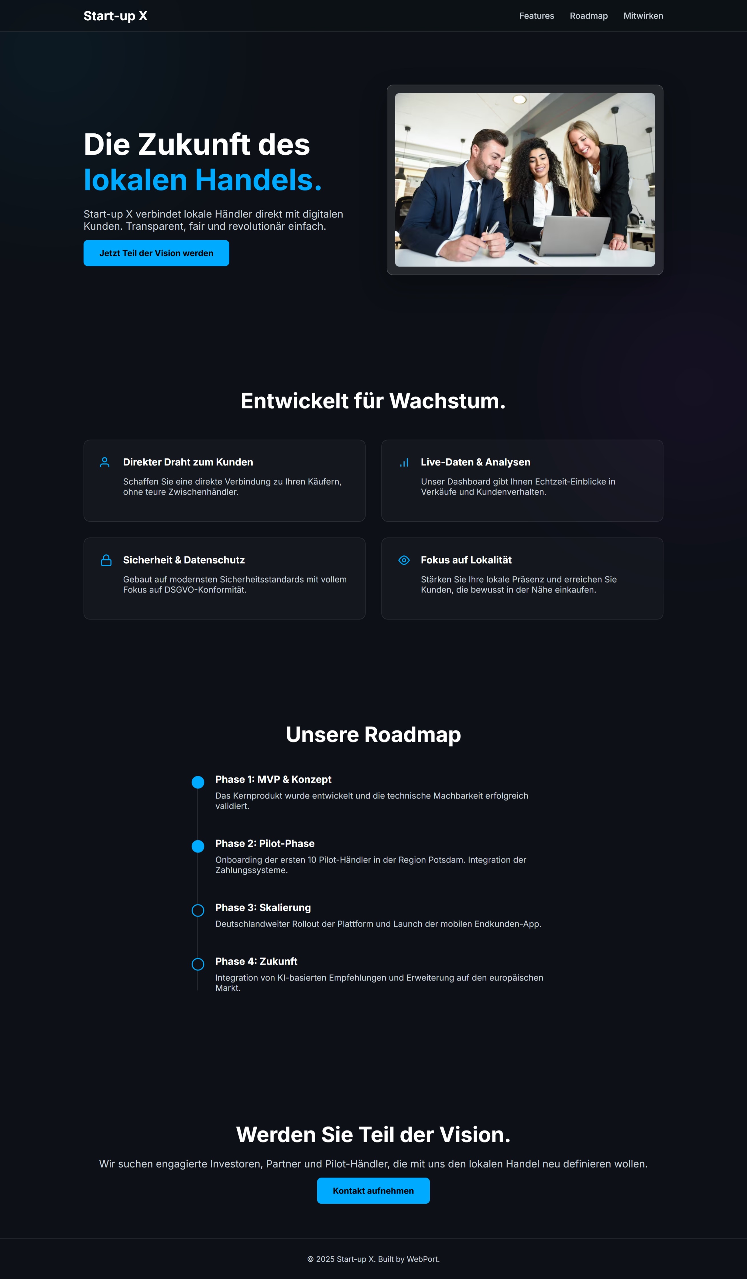 Vorschau der Landingpage für ein Start-up